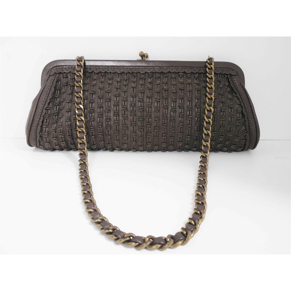 Isabella Fiore‎ Brown Leather Beaded Medium Clutch Shoulder Bag